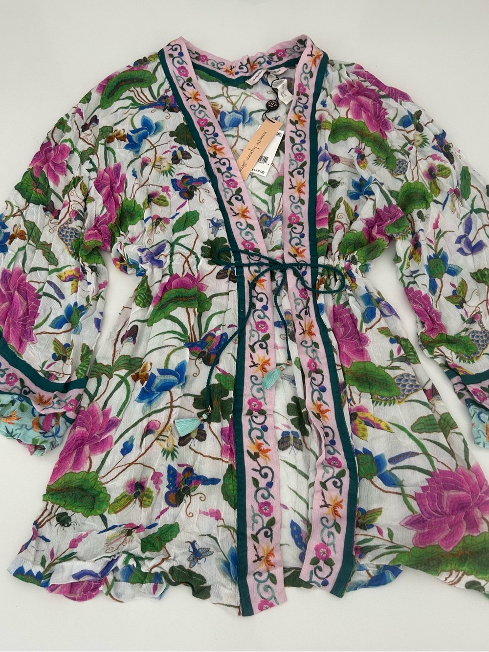 Nanette Lepore White Floral Sheer Swim Coverup with Pink & Green Accents
